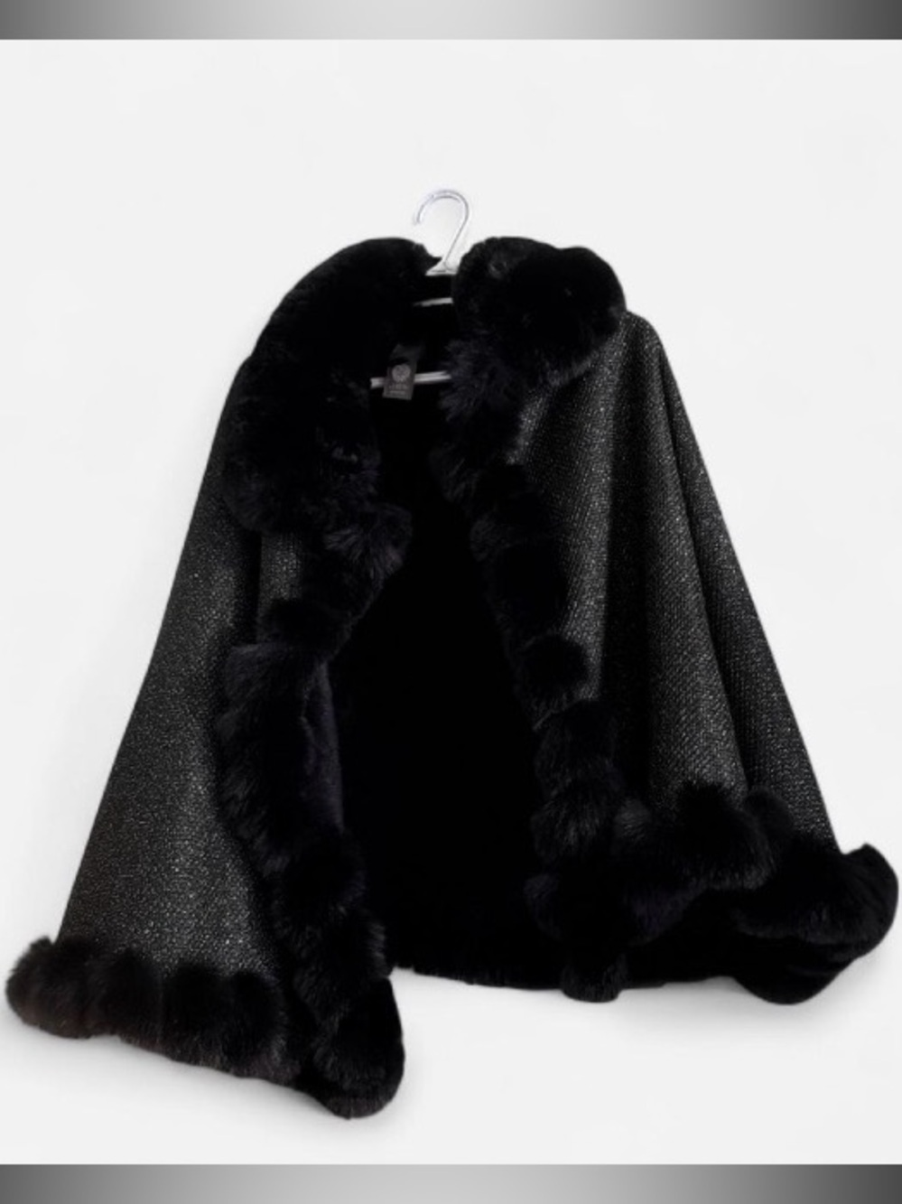 Vince Camuto Black Faux Fur Trim Cape Wrap